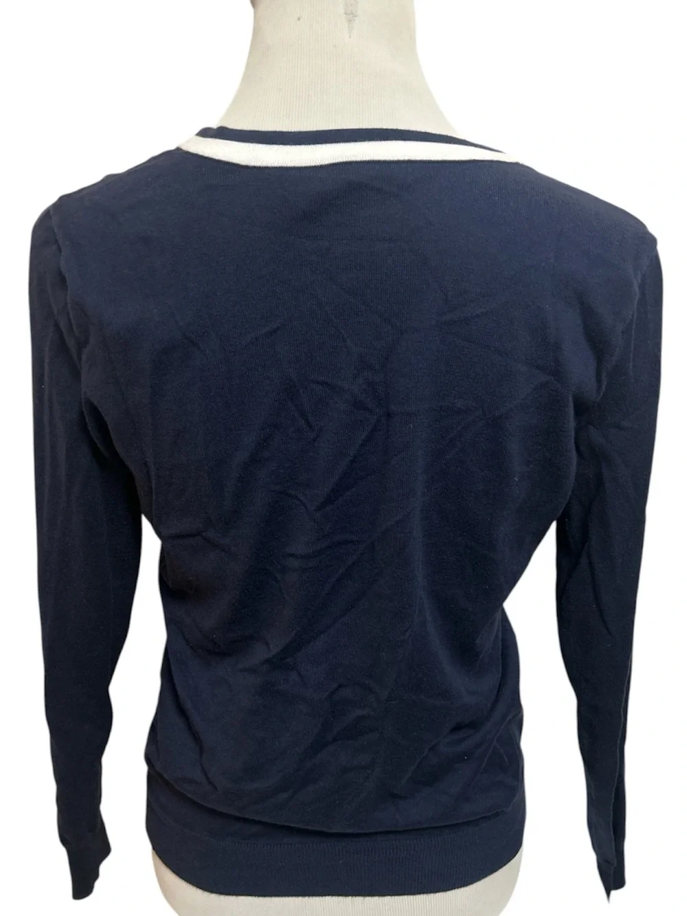 Ralph Lauren Sport Navy Blue Knit V-Neck Cardigan Sweater White Contrast Preppy